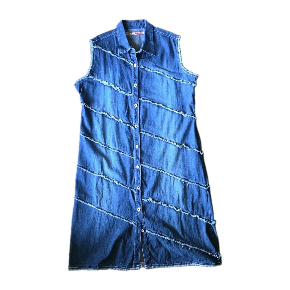 Denim Shirt Dress Womens Plus 4X Blue Sleeveless Button Front Raw Edge Frayed
